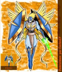 1boy angel angel_boy armor digimon digimon_(creature) dominimon energy_sword male_focus solo sword weapon wings