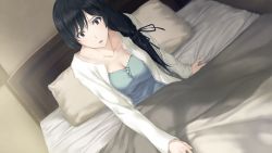 Rule 34 | 1girl, bed, bed sheet, black eyes, black hair, breasts, game cg, innocent grey, kara no shoujo 2, large breasts, long hair, looking away, open mouth, pillow, sitting, solo, sugina miki