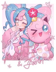 Rule 34 | 1girl, cardigan, choker, creatures (company), earrings, fairy miku (project voltage), flower, game freak, gen 1 pokemon, hair flower, hair ornament, hatsune miku, heart, heart choker, highres, jewelry, jigglypuff, long hair, long sleeves, looking at viewer, multicolored hair, nail polish, nintendo, one eye closed, pink cardigan, pokemon, pokemon (creature), project voltage, shinkuplanet, smile, twintails, two-tone hair, very long hair, vocaloid