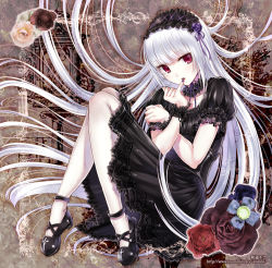 Rule 34 | 1girl, blush, cover, cross, dress, finger to mouth, fingernails, flower, frills, gothic lolita, hair spread out, hairband, kazuharu kina, knees together feet apart, legs up, lolita fashion, long hair, looking at viewer, original, pantyhose, red eyes, solo, very long hair, watermark, white pantyhose
