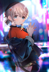 Rule 34 | 1girl, blue eyes, blurry, blurry background, blush, city lights, commentary request, denim, denim jacket, hair ornament, hairclip, highres, idolmaster, idolmaster shiny colors, jacket, light brown hair, looking at viewer, looking to the side, low twintails, night, open clothes, open jacket, orange shirt, own hands together, rain, serizawa asahi, shirt, short hair, short twintails, shorts, solo, tears, twintails, umeume (totoya), wet, wet hair
