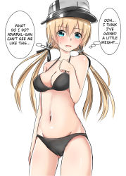 Rule 34 | 10s, 1girl, alternate costume, bare arms, bare shoulders, baretto (karasi07), bikini, black bikini, blonde hair, blue eyes, blush, breasts, cleavage, hard-translated, hat, highres, kantai collection, long hair, looking at viewer, medium breasts, navel, open mouth, peaked cap, prinz eugen (kancolle), simple background, solo, standing, sweatdrop, swimsuit, text focus, third-party edit, thought bubble, translated, twintails, white background