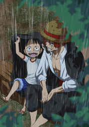 Rule 34 | 2boys, :d, aged down, black hair, child, coat, coat on head, coat on shoulders, from above, grin, hat, male focus, monkey d. luffy, multiple boys, musasabiop, one piece, open mouth, outdoors, plant, rain, red hair, sandals, shanks (one piece), sitting, sleeves rolled up, smile, straw hat