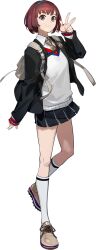 Rule 34 | 1girl, arm at side, artist request, backpack, bag, black jacket, black skirt, blazer, blue hairband, bob cut, brown eyes, brown footwear, brown necktie, caligula (game), caligula 2, closed mouth, dress shirt, foot up, full body, hairband, hand up, highres, jacket, kneehighs, komamura niko, looking at viewer, miniskirt, necktie, official art, oguchi, open clothes, open jacket, pleated skirt, promotional art, red hair, school uniform, shirt, shoes, short hair, skirt, smile, sneakers, socks, solo, standing, sweater vest, tachi-e, transparent background, two-tone skirt, w, white shirt, white socks