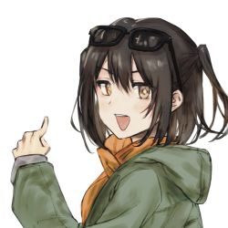 Rule 34 | 1girl, black hair, brown eyes, eyewear on head, gbfwakannnaiman, green jacket, highres, jacket, kantai collection, official alternate costume, open mouth, orange scarf, scarf, sendai (kancolle), short hair, simple background, smile, solo, sunglasses, teeth, two side up, upper body, upper teeth only, white background