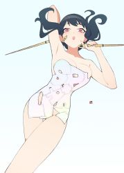 Rule 34 | 1girl, arm up, armpits, bare shoulders, black hair, breasts, cleavage, commentary request, dress, dual wielding, earrings, gold earrings, gradient background, highres, holding, holding weapon, jewelry, light blush, looking at viewer, medium breasts, open mouth, red eyes, red lips, short dress, short hair with long locks, signature, simple background, solo, spy x family, strapless, strapless dress, teeth, thighs, upper teeth only, weapon, white dress, yan wan, yor briar