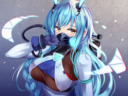 Rule 34 | 1girl, azur lane, blue gloves, blue hair, blush, boise (azur lane), breasts, commentary, gloves, grey background, hand up, headgear, irohara, large breasts, long hair, looking at viewer, mask, solo, upper body, yellow eyes