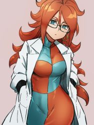 Rule 34 | 1girl, android 21, black-framed eyewear, blue eyes, breasts, checkered clothes, checkered dress, dragon ball, dragon ball fighterz, dress, earrings, glasses, hair between eyes, hands in pockets, hoop earrings, jewelry, kemachiku, lab coat, looking at viewer, medium breasts, pink background, red hair, simple background, solo