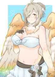 Rule 34 | 1girl, ahoge, animal hands, bare shoulders, bikini, breasts, brown hair, commentary request, feathered wings, feathers, flower, glasses, hair bun, hair intakes, hair over one eye, hand on own chest, harpy, highres, large breasts, midriff, monster girl, navel, neck fur, neck ruff, nina27 sg, semi-rimless eyewear, sidelocks, single hair bun, smile, solo, strapless, strapless bikini, swimsuit, tokyo houkago summoners, white-framed eyewear, white feathers, wings, yellow eyes, ziz (housamo)