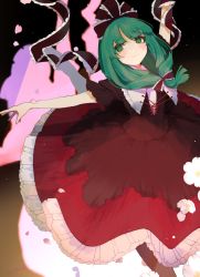 Rule 34 | 1girl, arm up, black background, blunt bangs, blurry, bow, closed mouth, depth of field, dress, frills, front ponytail, green eyes, green hair, hair bow, hair ribbon, highres, kagiyama hina, kyomunohi, long hair, looking at viewer, outstretched arms, petals, red dress, ribbon, short sleeves, simple background, smile, solo, touhou