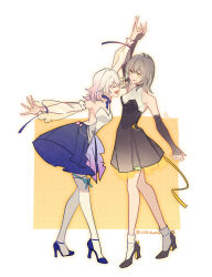 Rule 34 | 2134twone, 2girls, black dress, black footwear, black sleeves, blue footwear, chinese commentary, closed eyes, commentary request, dancing, detached sleeves, dress, gradient hair, grey hair, high heels, highres, honkai: star rail, honkai (series), march 7th (honkai: star rail), medium hair, multicolored hair, multiple girls, open mouth, outstretched arms, parted lips, pink hair, purple dress, ribbon, see-through, see-through sleeves, smile, stelle (honkai: star rail), strapless, strapless dress, thighhighs, trailblazer (honkai: star rail), twitter username, two-tone dress, white background, white dress, white thighhighs, yellow background, yellow eyes, yellow ribbon, yuri