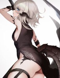 Rule 34 | 1girl, armband, ass, au ra, warrior of light (ff14), black armband, black dress, black gloves, blue eyes, breasts, cowboy shot, cyobiro, dragon horns, dragon tail, dress, final fantasy, final fantasy xiv, from side, gloves, highres, holding, horns, parted lips, pelvic curtain, short hair, slit pupils, small breasts, solo, tail, white background, white hair