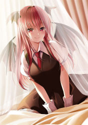 Rule 34 | 1girl, bed sheet, black skirt, black vest, blush, commentary request, curtains, demon wings, dutch angle, hair between eyes, head wings, koakuma, looking at viewer, necktie, petticoat, puffy short sleeves, puffy sleeves, red eyes, red hair, red necktie, see-through, shirt, short sleeves, sitting, skirt, smile, solo, touhou, vest, white shirt, wing collar, wings, wrist cuffs, yuuka nonoko