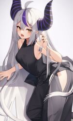 Rule 34 | 1girl, ahoge, alternate costume, bare arms, bare shoulders, black dress, black nails, black shirt, braid, braided bangs, claw pose, commentary, demon girl, demon horns, dress, hair between eyes, hand up, highres, hololive, horns, la+ darknesss, long hair, looking at viewer, lying, multicolored hair, on side, open mouth, pointy ears, purple hair, sharp teeth, shirt, simple background, sleeveless, sleeveless shirt, solo, standing, streaked hair, striped horns, teeth, thomas 8000, very long hair, virtual youtuber, white background, white hair, yellow eyes