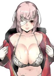 Rule 34 | 1girl, absurdres, bandage over one eye, bra, breasts, cleavage, collarbone, fate/grand order, fate (series), florence nightingale (fate), gloves, highres, kobo (cobo 0609), large breasts, light purple hair, long hair, looking at viewer, navel, red eyes, smile, solo, sweat, underwear, undressing, white background