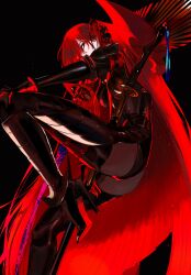 Rule 34 | 1girl, absurdres, armored boots, ass, black background, black bodysuit, black pantyhose, bodysuit, boots, bracelet, breasts, cape, cowboy shot, ddlcclia, demon, demon girl, fate/grand order, fate (series), from side, hair over one eye, hand on own leg, high heel boots, high heels, highres, holding, holding sword, holding weapon, jewelry, katana, large breasts, leg up, long hair, looking at viewer, oda nobunaga (fate), oda nobunaga (maou avenger) (fate), one eye covered, pantyhose, popped collar, red cape, red eyes, red hair, sidelocks, solo, sword, very long hair, weapon