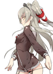 Rule 34 | 10s, 1girl, amatsukaze (kancolle), bad id, bad pixiv id, black panties, garter straps, grey hair, heihei de hei yan long, highres, kantai collection, looking at viewer, panties, pussy, pussy peek, sailor collar, simple background, solo, twintails, two side up, underwear, white background, yellow eyes