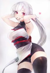 Rule 34 | 1girl, adjusting hair, armlet, armpits, bare shoulders, bike shorts, black thighhighs, blunt bangs, blush, breasts, commentary request, curvy, highres, large breasts, long hair, looking at viewer, mouth hold, obi, original, ponytail, red eyes, sash, silver hair, simple background, sleeveless, solo, taishi (picchiridou), thighhighs, tsuru-chan, very long hair, wide hips