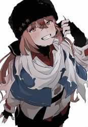 Rule 34 | 1girl, black gloves, black skirt, blue shawl, blush, brown eyes, brown hair, fingerless gloves, fur hat, gloves, grin, hair between eyes, hair ornament, hair ribbon, hairclip, hat, highres, kantai collection, long hair, long sleeves, low twintails, papakha, ribbon, scarf, shawl, simple background, skirt, smile, solo, tashkent (kancolle), torn clothes, torn scarf, twintails, white background, white scarf, zippo teifujou