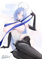 Rule 34 | 1girl, absurdres, alsace (azur lane), areola slip, armored boots, azur lane, black footwear, black gloves, blue eyes, blue hair, blush, boots, breast ribbon, breasts, dress, gloves, hand up, highres, huge breasts, livetarica, long hair, parted bangs, parted lips, revealing clothes, short dress, signature, sketch, solo, very long hair, white dress