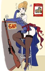 Rule 34 | 1girl, absurdres, alcohol, ass, bar (place), bell, blonde hair, blue dress, blue gloves, blunt bangs, blush, bolt action, breasts, collar, dress, earrings, elbow gloves, evening gown, female focus, full body, garter straps, girls&#039; frontline, glass, gloves, gun, hair bun, heart, heart-shaped pupils, high heels, highres, jewelry, lace, lace-trimmed legwear, lace trim, large breasts, looking at viewer, mosin-nagant, mosin-nagant (girls&#039; frontline), mosin-nagant (moonlit ocean) (girls&#039; frontline), necklace, open mouth, rifle, sash, scope, stolichnaya (vodka), stool, symbol-shaped pupils, thighhighs, waze, weapon