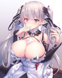 Rule 34 | 1girl, areola slip, azur lane, bare shoulders, between breasts, black dress, blush, breasts, cleavage, commentary request, dress, earrings, finger to mouth, formidable (azur lane), frilled dress, frills, gradient background, grey hair, hair ribbon, highres, jewelry, large breasts, long hair, long sleeves, looking at viewer, playing with own hair, red eyes, ribbon, simple background, skindentation, solo, tougetsu gou, twintails, two-tone dress, two-tone ribbon, very long hair