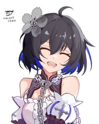 Rule 34 | 1girl, :d, ^ ^, ahoge, bare shoulders, black hair, blue hair, chain, closed eyes, commentary, english commentary, facing viewer, flower, grey flower, hair flower, hair ornament, honkai (series), honkai impact 3rd, keyhole, multicolored hair, open mouth, prickly-chan (ycactussprout), puffy sleeves, seele vollerei, short hair, simple background, smile, solo, two-tone hair, upper body, white background, white sleeves