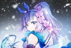 07touka25 1girl arm_warmers bare_shoulders blue_eyes blue_hair blue_hairband blue_scarf bow commentary_request floating_hair flower from_side hair_bow hair_flower hair_ornament hairband highres japanese_clothes kimono kousetsu_samonji_(tenka_hyakken) light_blue_hair long_hair one-hour_drawing_challenge outdoors parted_bangs parted_lips scarf side_ponytail sleeveless snowing solo tenka_hyakken upper_body white_kimono