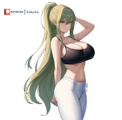Rule 34 | 1girl, arm behind back, arm behind head, bare arms, bare shoulders, black bra, bra, breasts, cleavage, collarbone, cowboy shot, dated, feikyart, from side, green eyes, green hair, hair between eyes, high ponytail, highres, large breasts, linea alba, long hair, looking at viewer, navel, original, pants, patreon username, ponytail, revealing clothes, sidelocks, signature, simple background, solo, sports bra, sportswear, taut clothes, tight clothes, tight pants, tsurime, underwear, very long hair, white background, white pants, yoga pants