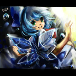 Rule 34 | 1girl, :d, bad id, bad pixiv id, blue dress, blue hair, cirno, crystal, dress, embodiment of scarlet devil, female focus, from behind, green eyes, hikariz, ice, ice wings, letterboxed, looking at viewer, looking back, open mouth, round teeth, smile, solo, teeth, touhou, wings