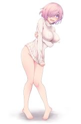 Rule 34 | 1girl, barefoot, blush, breast hold, breasts, commentary request, covered erect nipples, covering privates, covering crotch, embarrassed, fate/grand order, fate (series), full body, hair over one eye, highres, knees together feet apart, large breasts, long sleeves, looking at viewer, mash kyrielight, motion lines, naked sweater, open mouth, pigeon-toed, purple eyes, purple hair, ribbed sweater, sano jinya, short hair, simple background, solo, standing, sweater, tearing up, turtleneck, turtleneck sweater, white background, white sweater