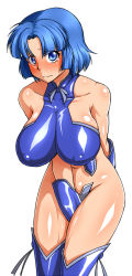 Rule 34 | 1girl, arm between legs, bare shoulders, blue eyes, blue hair, blush, boots, breasts, c-string, cosplay, covered erect nipples, covering privates, covering ass, covering crotch, cowboy shot, embarrassed, gloves, hayama shizuka, hayama shizuka (cosplay), highres, hikari to mizu no daphne, huge breasts, kusuha mizuha, large breasts, leaning forward, legs together, looking at viewer, matching hair/eyes, no bra, pepo (absolute1123), revealing clothes, shiny skin, short hair, simple background, solo, standing, strapless bottom, super robot wars, tears, thigh boots, thighhighs, thighs, white background
