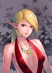Rule 34 | 1girl, absurdres, bare shoulders, blonde hair, breasts, breasts apart, c.honey, collarbone, commentary, dress, ear piercing, elf, eyelashes, halter dress, halterneck, highres, jewelry, lips, long hair, looking at viewer, medium breasts, mole, mole on breast, necklace, original, parted lips, piercing, pink lips, pointy ears, red dress, red eyes, solo, upper body