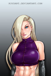 Rule 34 | 1girl, abs, bare shoulders, blonde hair, blue eyes, breasts, earrings, elbow gloves, eyelashes, female focus, fishnets, gloves, hair over one eye, highres, jewelry, large breasts, lips, long hair, naruto: the last, naruto (series), naruto shippuuden, navel, nose, ponytail, r3ydart, sleeveless, sleeveless turtleneck, solo, stud earrings, turtleneck, upper body, yamanaka ino