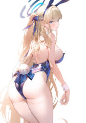 Rule 34 | 1girl, animal ears, ass, bare shoulders, blonde hair, blue archive, blue eyes, blue halo, blue ribbon, breasts, drive shot, fake animal ears, fake tail, from behind, hair ribbon, halo, highres, large breasts, leotard, long hair, official alternate costume, pantyhose, playboy bunny, rabbit ears, rabbit tail, revision, ribbon, sideboob, simple background, solo, tail, toki (blue archive), toki (bunny) (blue archive), white background, white pantyhose