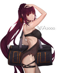 Rule 34 | 1girl, alternate hairstyle, armpits, ass, backless swimsuit, bag, black one-piece swimsuit, blunt bangs, blush, bow, braid, breasts, character name, closed mouth, crown braid, expressionless, from side, girls&#039; frontline, hair bow, hair ribbon, hand on own head, highres, holding, holding bag, homong, large breasts, long hair, looking at viewer, official alternate costume, one-piece swimsuit, ponytail, purple hair, red bow, red eyes, ribbon, ribs, sidelocks, simple background, skindentation, solo, swimsuit, thigh strap, thighs, very long hair, wa2000 (girls&#039; frontline), wa2000 (op. manta ray) (girls&#039; frontline), white background