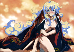 Rule 34 | + +, 00s, absurdres, blue hair, blush, breasts, censored, coat, convenient censoring, highres, hirata katsuzou, incredibly absurdres, jacket, jacket on shoulders, kneeling, long hair, multicolored hair, naked coat, nia teppelin, nude, official art, smile, tengen toppa gurren lagann, two-tone hair, very long hair