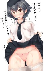 Rule 34 | 10s, 1girl, bad id, bad pixiv id, beret, black hair, black skirt, blush, bow, bow panties, braid, breasts, brown eyes, cameltoe, clothes lift, clothes pull, cowboy shot, crotch seam, dress shirt, girls und panzer, hat, highres, hot, large breasts, long sleeves, looking at viewer, miniskirt, nksk, open collar, open mouth, panties, pantyhose, pantyhose pull, pepperoni (girls und panzer), pink panties, pleated skirt, school uniform, shirt, short hair, side braid, simple background, skirt, skirt lift, solo, standing, string panties, sweat, underwear, white background, white pantyhose, white shirt