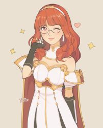 Rule 34 | 1girl, armor, cape, celica (fire emblem), dress, fingerless gloves, fire emblem, fire emblem echoes: shadows of valentia, fire emblem heroes, glasses, gloves, highres, jewelry, jivke, long hair, nintendo, red armor, red eyes, red hair, smile, solo, tiara, white armor