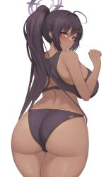 Rule 34 | 1girl, ahoge, alternate breast size, alternate costume, ass, ass focus, back, bare shoulders, bikini, black bikini, black hair, black sports bra, blue archive, breasts, cowboy shot, curvy, dark-skinned female, dark skin, from behind, halo, hand up, high ponytail, highres, huge ass, huge breasts, karin (blue archive), kuavera, long hair, looking at viewer, looking back, number print, parted lips, raised eyebrows, simple background, solo, sports bikini, sports bra, sportswear, sweat, swimsuit, thick thighs, thighs, thong, very long hair, white background, wide hips, yellow eyes