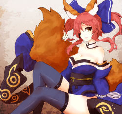 Rule 34 | 10s, 1girl, animal ears, bad id, bad pixiv id, bare shoulders, blue thighhighs, bow, breasts, choker, cleavage, detached sleeves, fate/extra, fate (series), fox ears, fox tail, hair bow, hair ribbon, japanese clothes, large breasts, magryo763, obi, pink hair, ribbon, sash, smile, solo, tail, tamamo (fate), tamamo no mae (fate/extra), thighhighs, twintails, yellow eyes