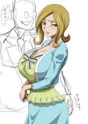 1boy 1girl blonde_hair blue_eyes breasts code_geass collarbone dress hand_on_another&#039;s_ass highres huge_breasts iwao178 looking_at_viewer milly_ashford old old_man open_mouth simple_background unfinished white_background