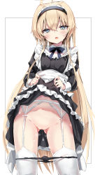 Rule 34 | 1girl, absurdres, ahoge, apron, apron lift, black panties, blonde hair, blue bow, blue bowtie, blush, bow, bowtie, clothes lift, frilled apron, frills, garter belt, green eyes, highres, long hair, long sleeves, looking at viewer, maid, maid apron, maid headdress, open mouth, original, panties, pussy, pussy juice, solo, standing, sweat, thighhighs, toshizou (0714), uncensored, underwear, white thighhighs