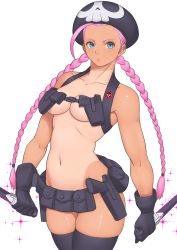 Rule 34 | 1girl, ahoge, alternate hair color, black gloves, black hat, black thighhighs, blue eyes, braid, breasts, cammy white, collarbone, cosplay, cowboy shot, dual wielding, eyelashes, facial scar, gloves, groin, gun, hat, highres, holding, holding knife, holster, holstered, huge ahoge, jakuzure nonon, jakuzure nonon (cosplay), kill la kill, knife, legs together, lips, long hair, looking at viewer, medium breasts, navel, nudist beach uniform, one-piece tan, parted lips, reverse grip, scar, scar on cheek, scar on face, shigenobu, simple background, skull print, solo, sparkle background, standing, street fighter, tan, tanline, thick thighs, thighhighs, thighs, twin braids, underboob, very long hair, weapon, white background