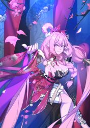 Rule 34 | 1girl, absurdly long hair, absurdres, armpits, breasts, cherry blossoms, china dress, chinese clothes, cleavage, closed mouth, commentary, detached sleeves, dress, elf, elysia (herrscher of human:ego) (honkai impact), elysia (honkai impact), elysia (peachy spring) (honkai impact), english commentary, highres, honkai (series), honkai impact 3rd, large breasts, long hair, looking at viewer, nail polish, onshigou, outstretched arm, petals, pink hair, pink nails, pointy ears, red dress, red sleeves, smile, solo, very long hair