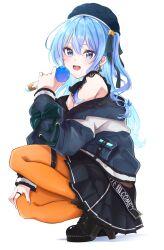 Rule 34 | 1girl, absurdres, bare shoulders, black hat, blue eyes, blue hair, hat, highres, hololive, hoshimachi suisei, hoshimachi suisei (streetwear), long hair, looking at viewer, open mouth, simple background, smile, solo, tilu, virtual youtuber
