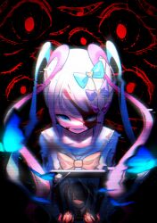 Rule 34 | 1girl, absurdres, ame-chan (needy girl overdose), blonde hair, blood, blood on face, blue bow, blue butterfly, blue eyes, blue hair, blue nails, blue shirt, bow, bug, butterfly, chouzetsusaikawa tenshi-chan, dark background, from above, hair bow, highres, holding, holding photo, iei, insect, kuroneko (cc43345886), long hair, long sleeves, looking up, multicolored hair, multicolored nails, needy girl overdose, open mouth, photo (object), pink bow, pink hair, pink nails, portrait (object), purple bow, quad tails, sailor collar, school uniform, serafuku, shirt, smile, solo, too many eyes, twintails, very long hair, yellow bow, yellow nails