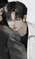 Rule 34 | 2boys, black hair, black jacket, black shirt, blue eyes, closed mouth, eriol s2, expressionless, grey background, head on another&#039;s shoulder, highres, jacket, korean commentary, looking to the side, male focus, multiple boys, original, portrait, shirt, short hair, simple background, solo focus, white jacket
