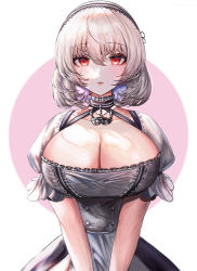 Rule 34 | 1girl, apron, azur lane, black dress, breasts, cleavage, dress, ga yeah, hair between eyes, highres, huge breasts, korean commentary, puffy short sleeves, puffy sleeves, red eyes, short hair, short sleeves, sirius (azur lane), solo, upper body, v arms, white apron, white hair
