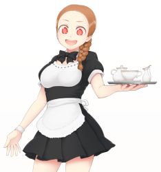 Rule 34 | 1girl, :d, apron, bow, bowtie, braid, brown hair, cowboy shot, cup, long hair, looking at viewer, maid, open mouth, original, red eyes, simple background, single braid, smile, solo, teacup, tray, waitress, white background, yajirushi (chanoma)